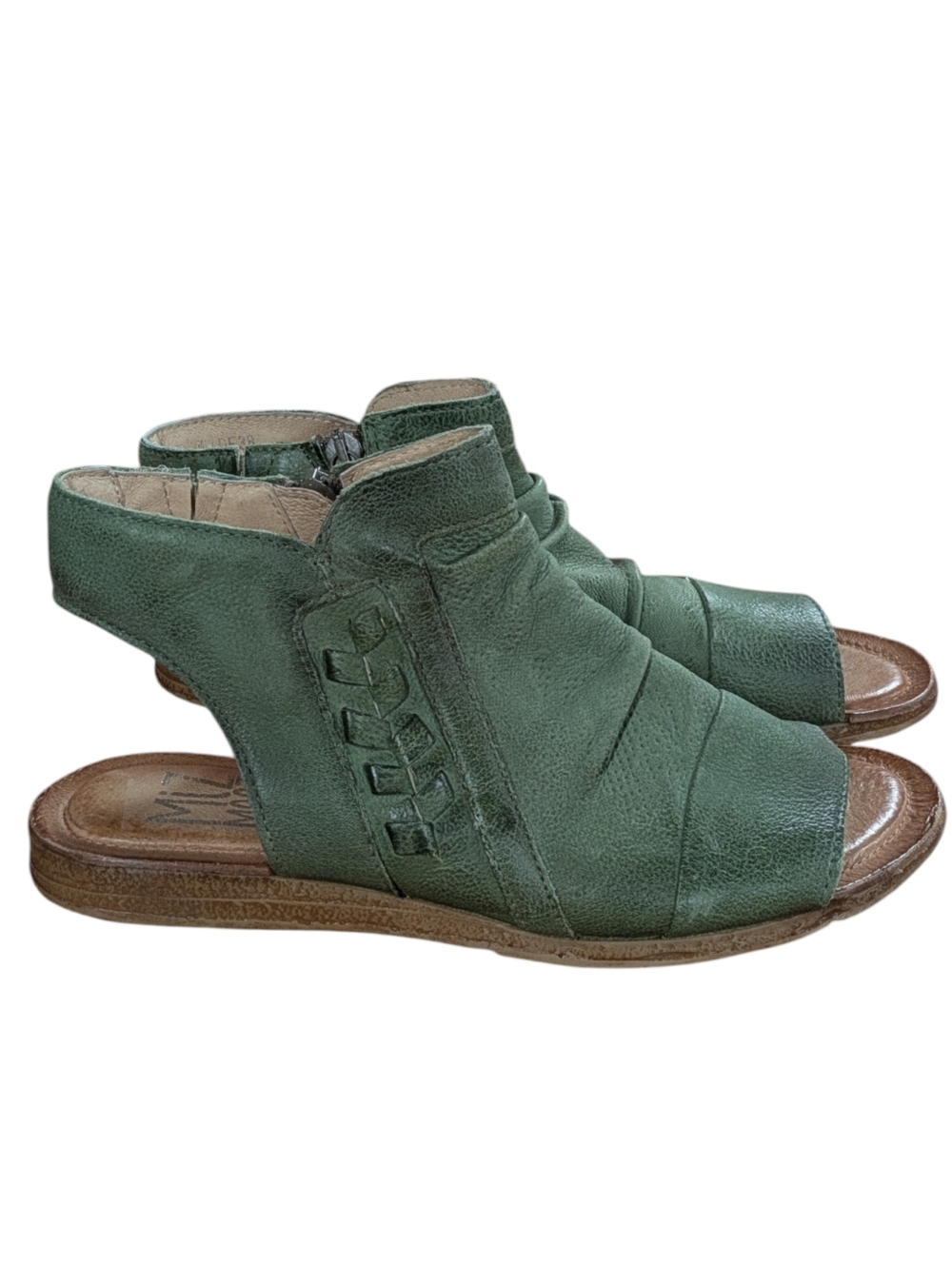 Miz Mooz Flaire Ruched Leather Side Zip Aloe Green Sandals Size 38 - Picture 2 of 10